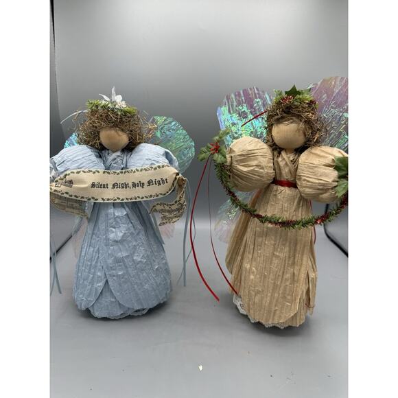 Vintage Handmade Christmas Angels Set of 2 Crepe Paper Halo Wings Silent Night - Picture 1 of 6
